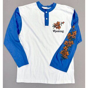 Vintage 70s Raglan T Shirt Wyoming Graphic XL 3/4 Sleeve Blue Single Stitch 80s